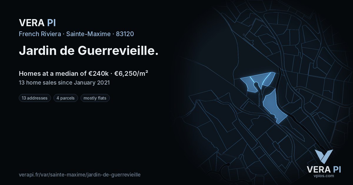 Jardin de Guerrevieille, Sainte-Maxime at night – every parcel coloured by the prices around it, the street's own parcels lit