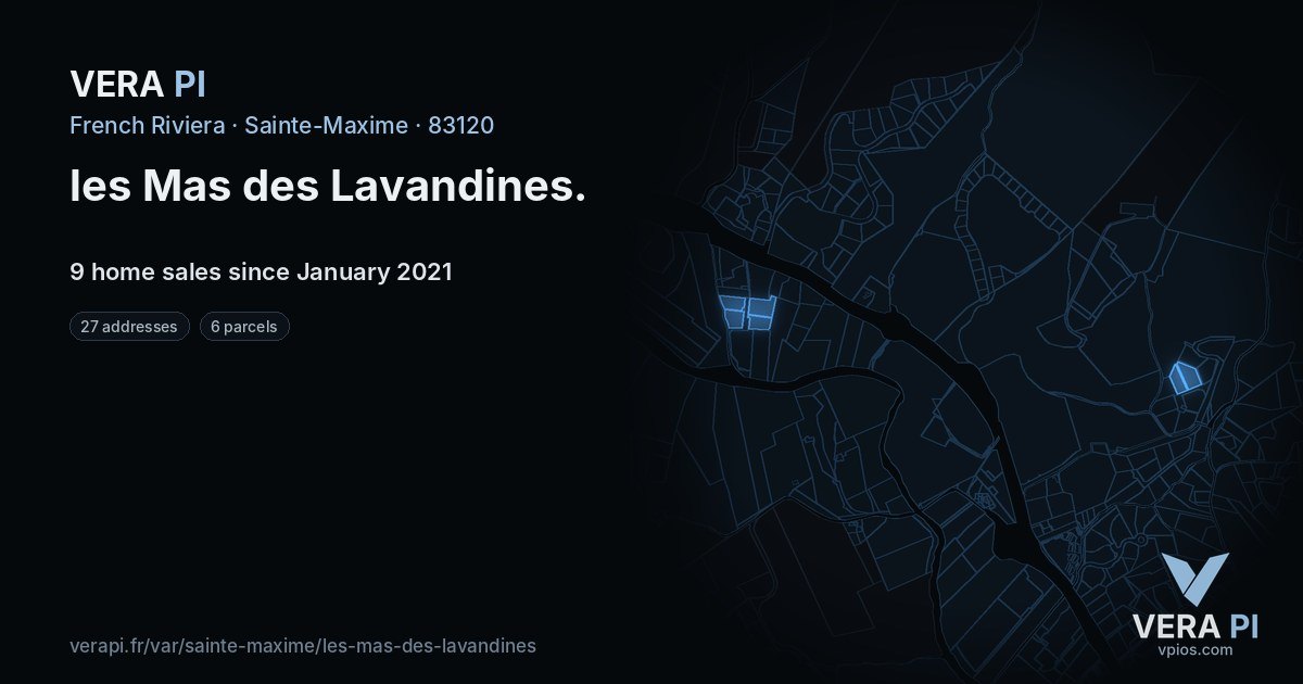 les Mas des Lavandines, Sainte-Maxime at night – every parcel coloured by the prices around it, the street's own parcels lit