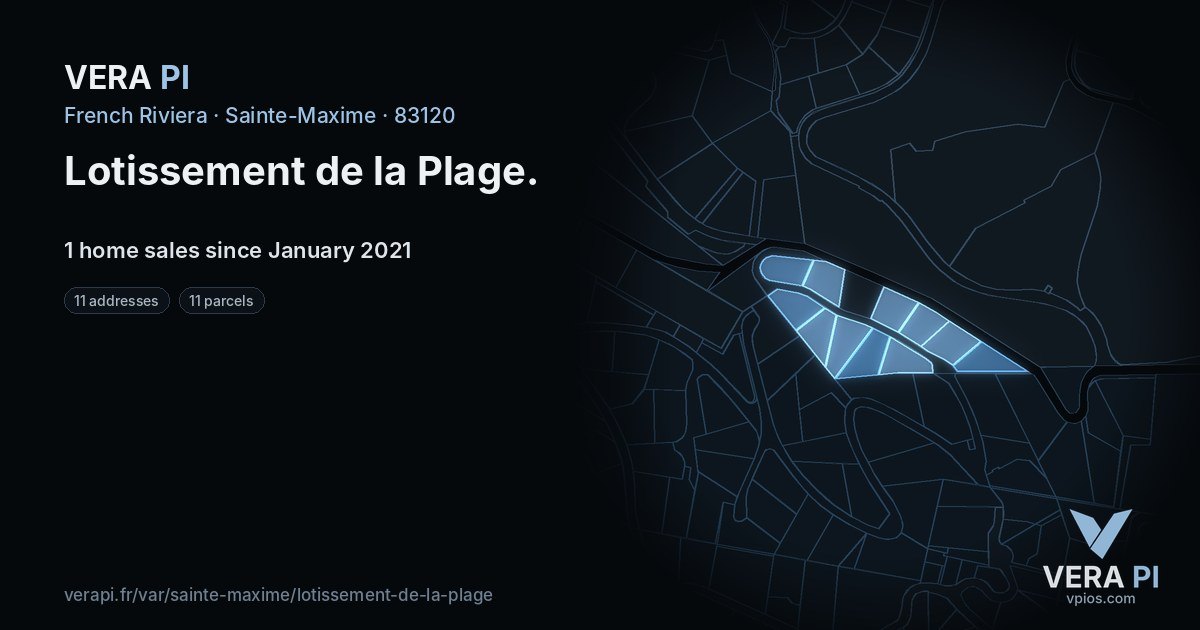 Lotissement de la Plage, Sainte-Maxime at night – every parcel coloured by the prices around it, the street's own parcels lit