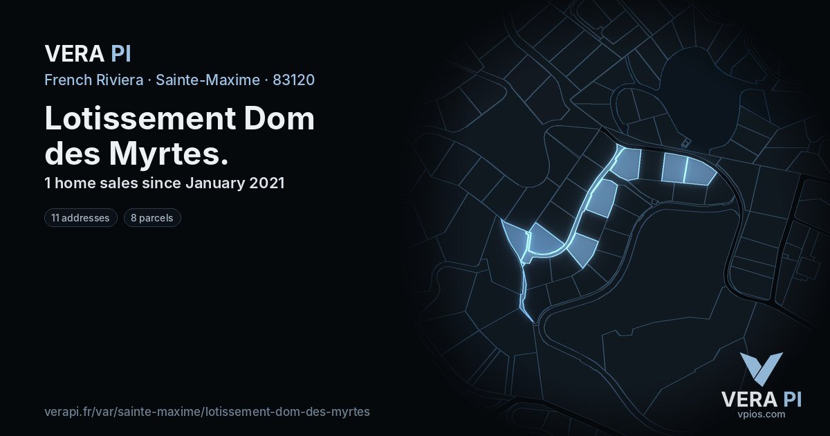 Lotissement Dom des Myrtes, Sainte-Maxime at night – every parcel coloured by the prices around it, the street's own parcels lit
