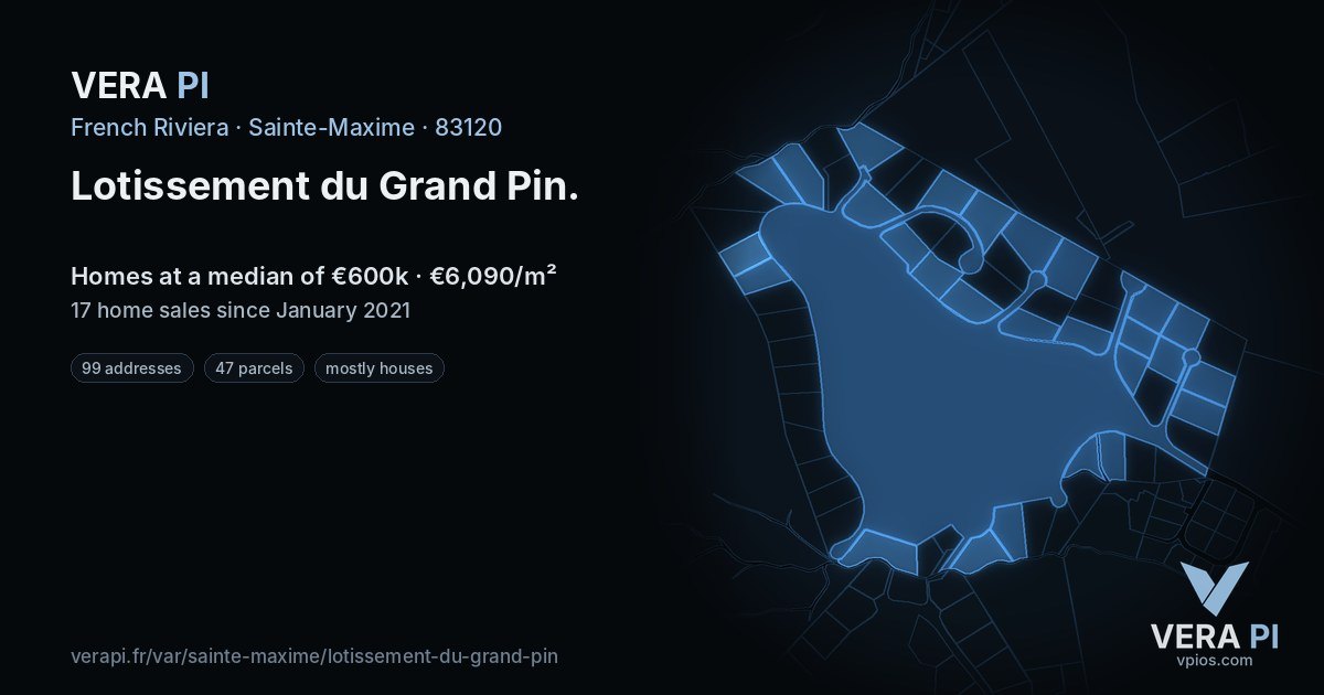 Lotissement du Grand Pin, Sainte-Maxime at night – every parcel coloured by the prices around it, the street's own parcels lit