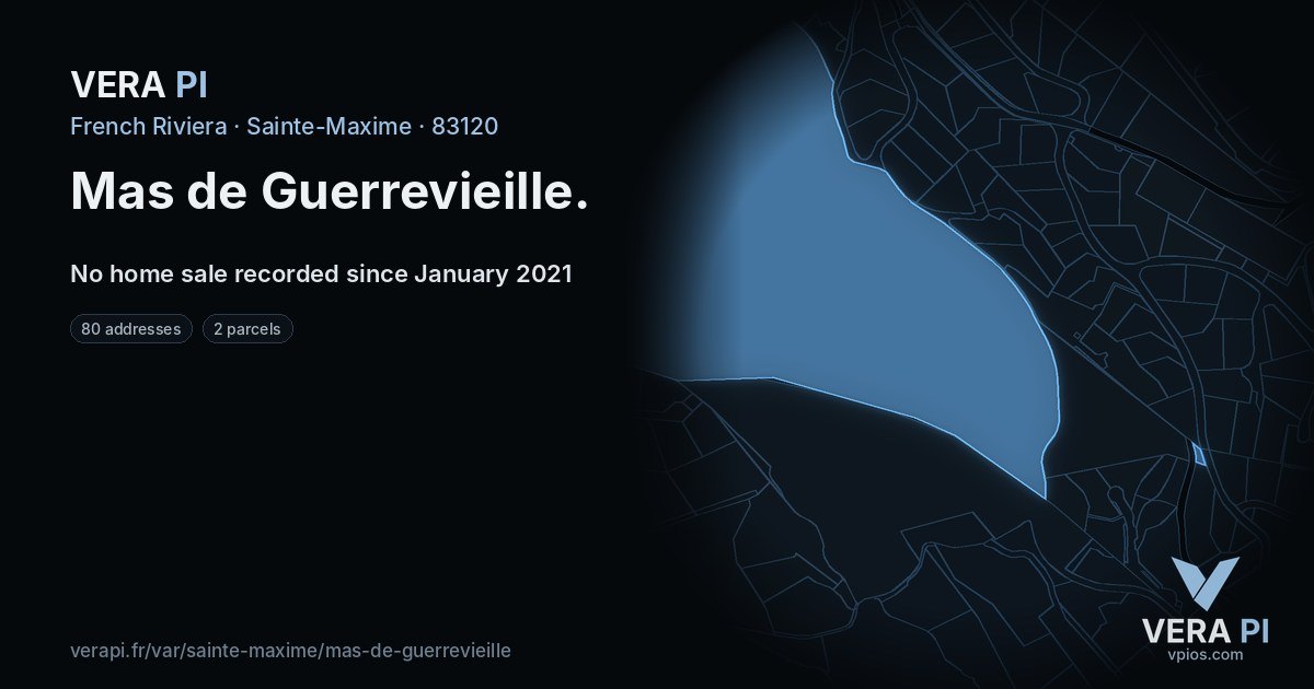 Mas de Guerrevieille, Sainte-Maxime at night – every parcel coloured by the prices around it, the street's own parcels lit