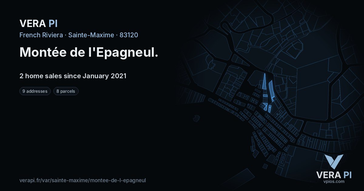 Montée de l'Epagneul, Sainte-Maxime at night – every parcel coloured by the prices around it, the street's own parcels lit