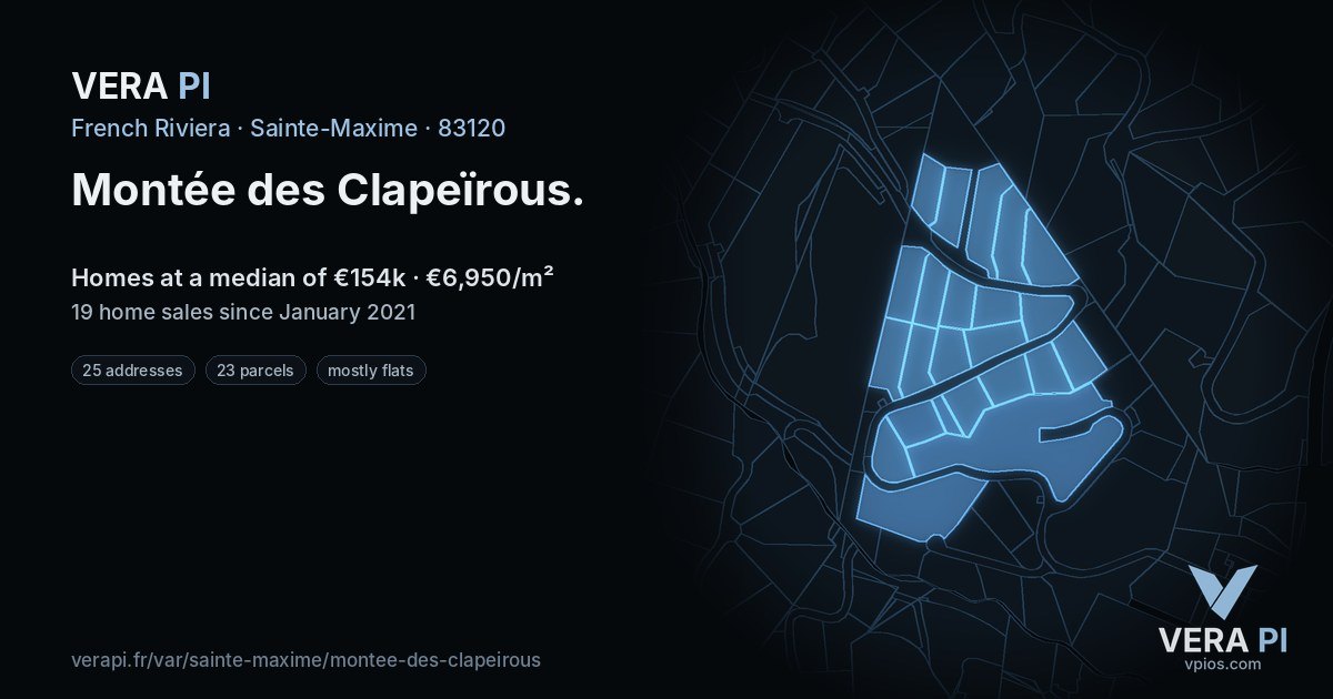 Montée des Clapeïrous, Sainte-Maxime at night – every parcel coloured by the prices around it, the street's own parcels lit