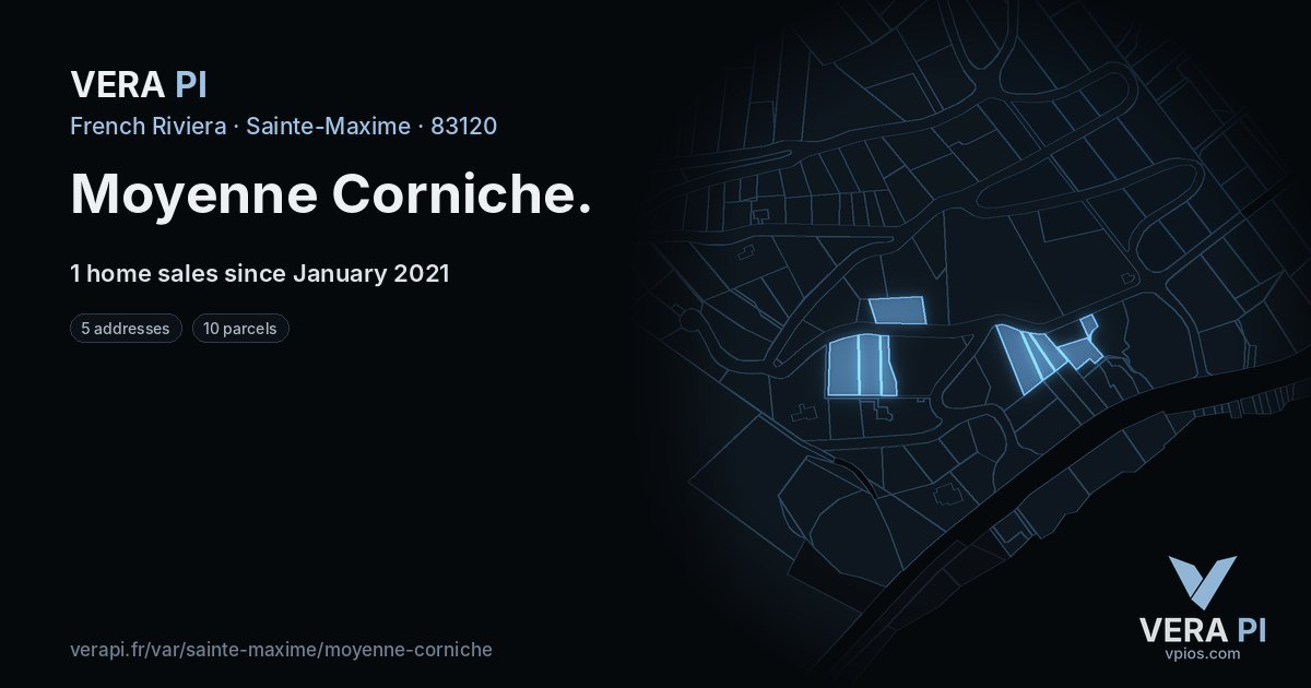 Moyenne Corniche, Sainte-Maxime at night – every parcel coloured by the prices around it, the street's own parcels lit