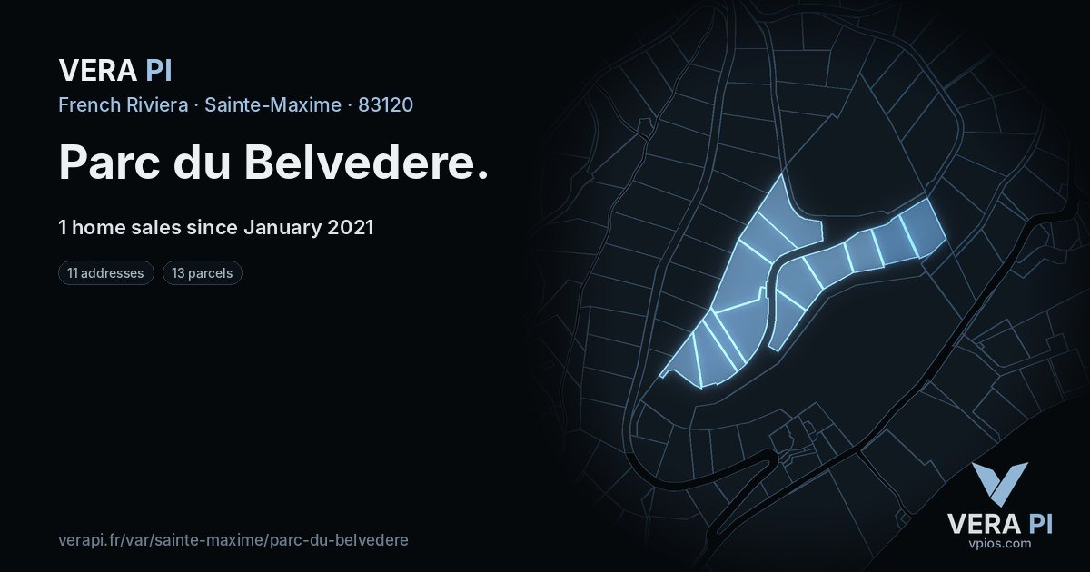 Parc du Belvedere, Sainte-Maxime at night – every parcel coloured by the prices around it, the street's own parcels lit
