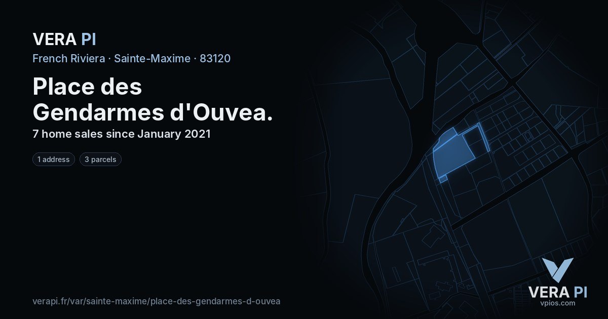Place des Gendarmes d'Ouvea, Sainte-Maxime at night – every parcel coloured by the prices around it, the street's own parcels lit