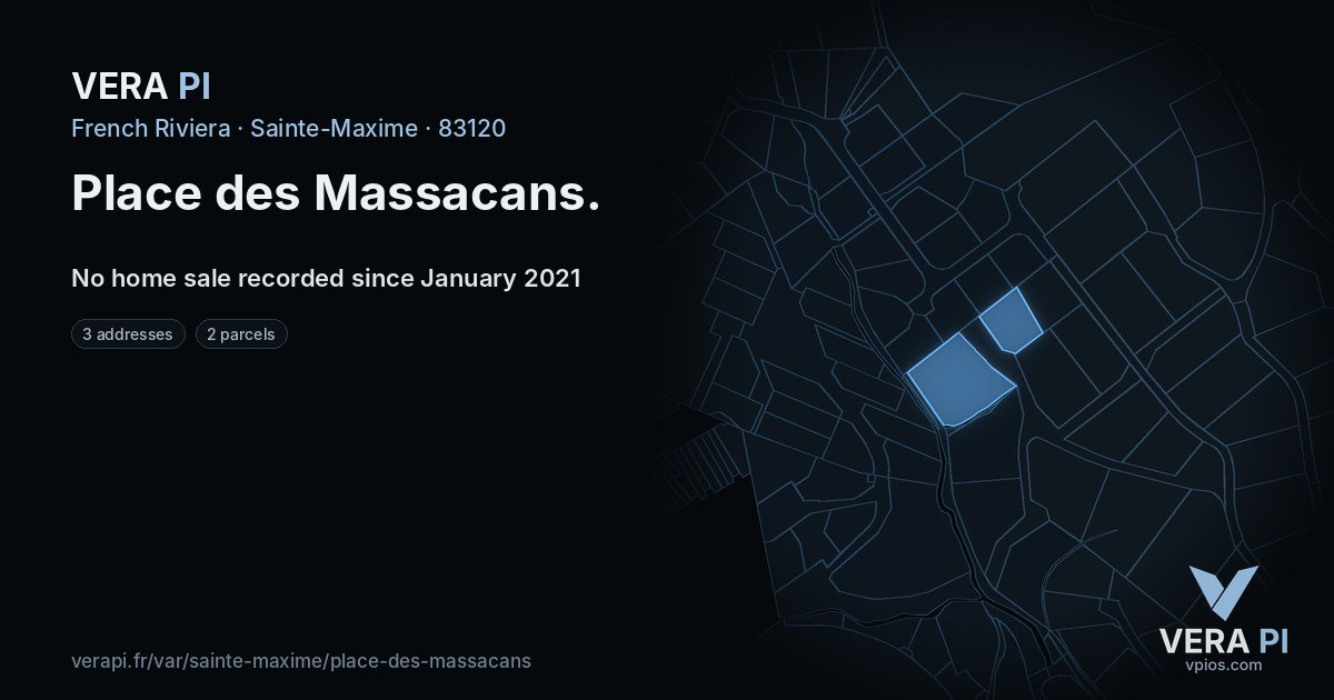 Place des Massacans, Sainte-Maxime at night – every parcel coloured by the prices around it, the street's own parcels lit