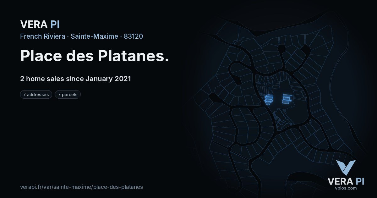 Place des Platanes, Sainte-Maxime at night – every parcel coloured by the prices around it, the street's own parcels lit