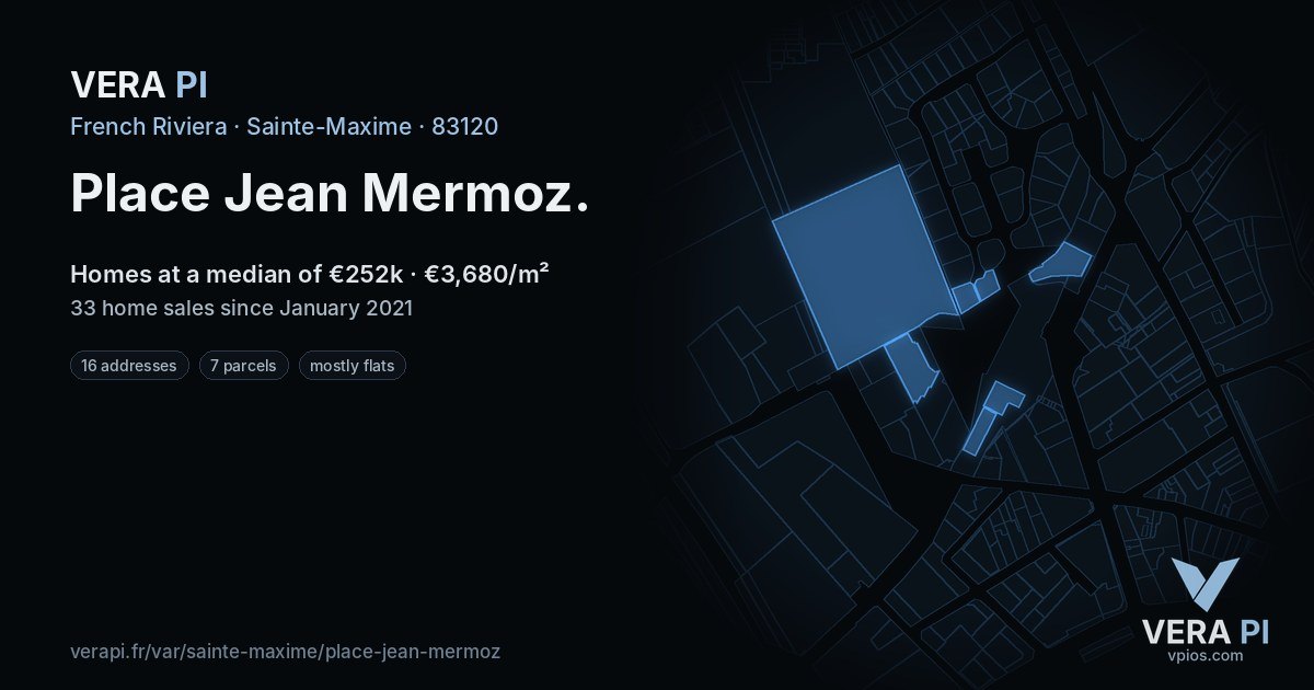 Place Jean Mermoz, Sainte-Maxime at night – every parcel coloured by the prices around it, the street's own parcels lit