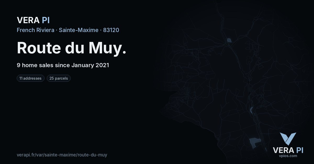 Route du Muy, Sainte-Maxime at night – every parcel coloured by the prices around it, the street's own parcels lit