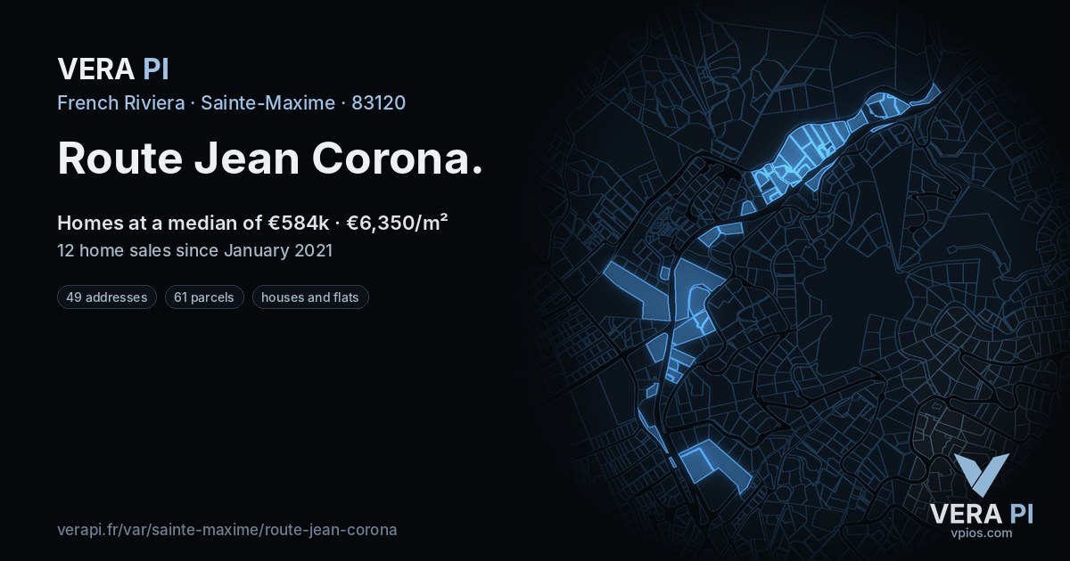 Route Jean Corona, Sainte-Maxime at night – every parcel coloured by the prices around it, the street's own parcels lit