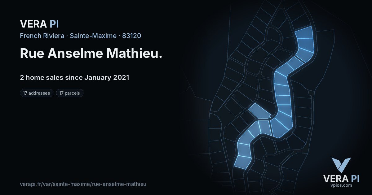 Rue Anselme Mathieu, Sainte-Maxime at night – every parcel coloured by the prices around it, the street's own parcels lit