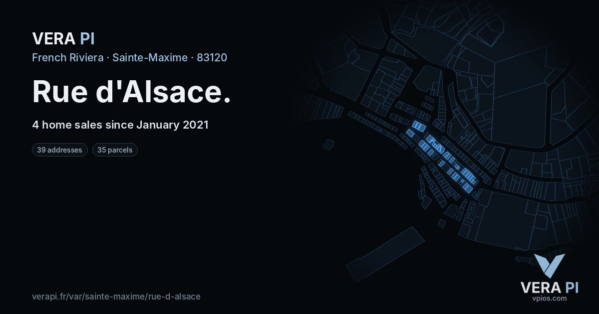 Rue d'Alsace, Sainte-Maxime at night – every parcel coloured by the prices around it, the street's own parcels lit