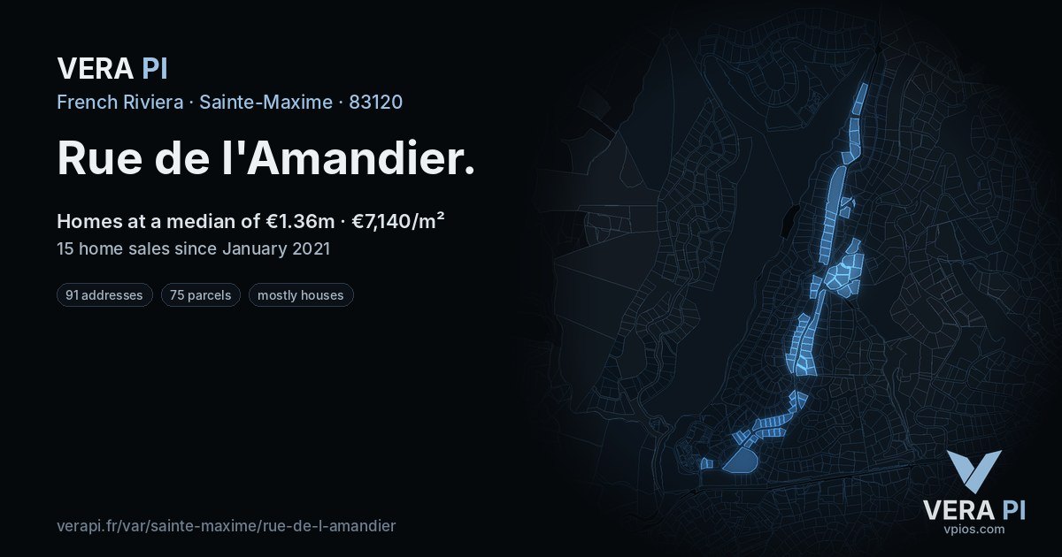 Rue de l'Amandier, Sainte-Maxime at night – every parcel coloured by the prices around it, the street's own parcels lit