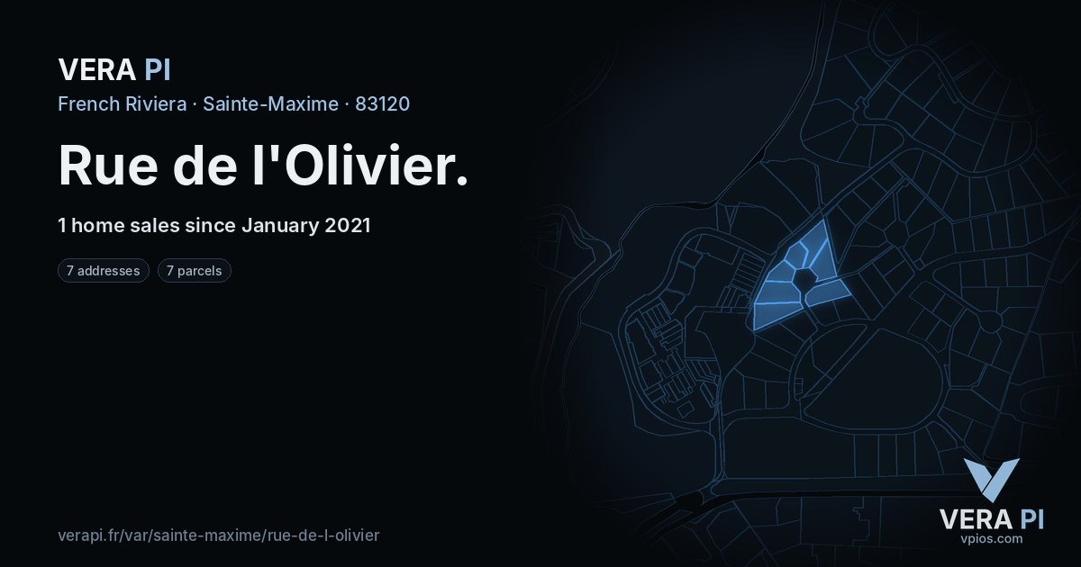 Rue de l'Olivier, Sainte-Maxime at night – every parcel coloured by the prices around it, the street's own parcels lit