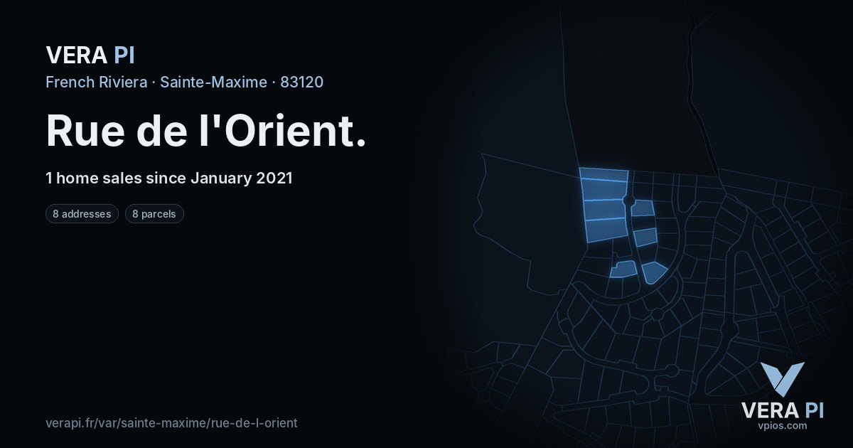 Rue de l'Orient, Sainte-Maxime at night – every parcel coloured by the prices around it, the street's own parcels lit