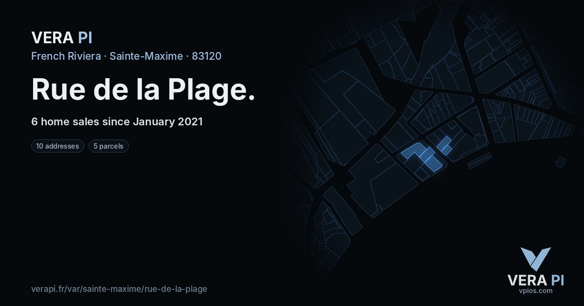Rue de la Plage, Sainte-Maxime at night – every parcel coloured by the prices around it, the street's own parcels lit