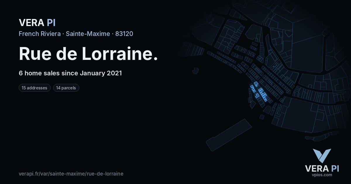 Rue de Lorraine, Sainte-Maxime at night – every parcel coloured by the prices around it, the street's own parcels lit