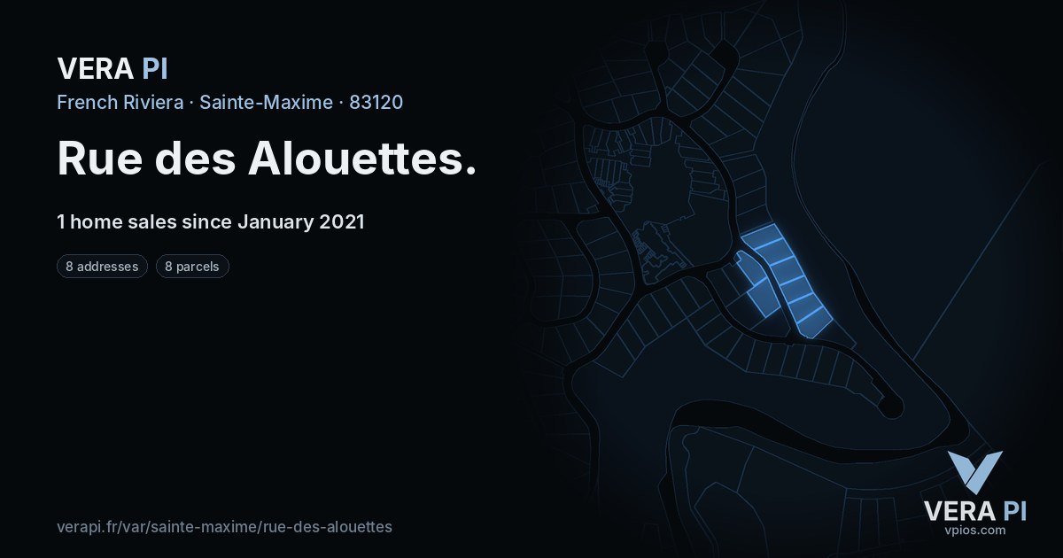 Rue des Alouettes, Sainte-Maxime at night – every parcel coloured by the prices around it, the street's own parcels lit