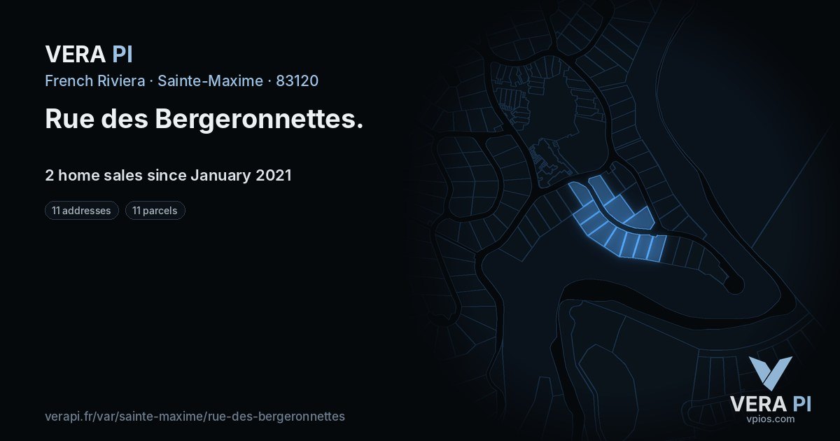 Rue des Bergeronnettes, Sainte-Maxime at night – every parcel coloured by the prices around it, the street's own parcels lit
