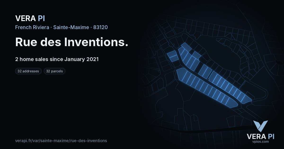 Rue des Inventions, Sainte-Maxime at night – every parcel coloured by the prices around it, the street's own parcels lit