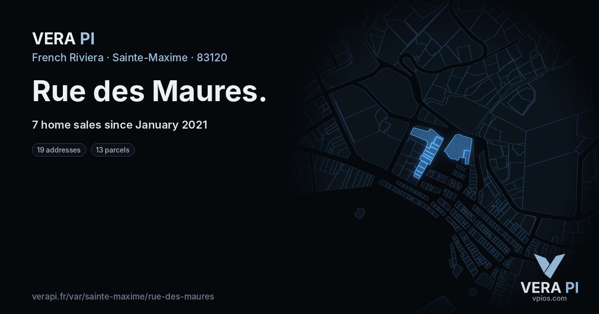 Rue des Maures, Sainte-Maxime at night – every parcel coloured by the prices around it, the street's own parcels lit