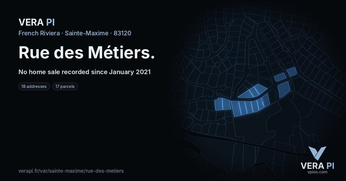 Rue des Métiers, Sainte-Maxime at night – every parcel coloured by the prices around it, the street's own parcels lit