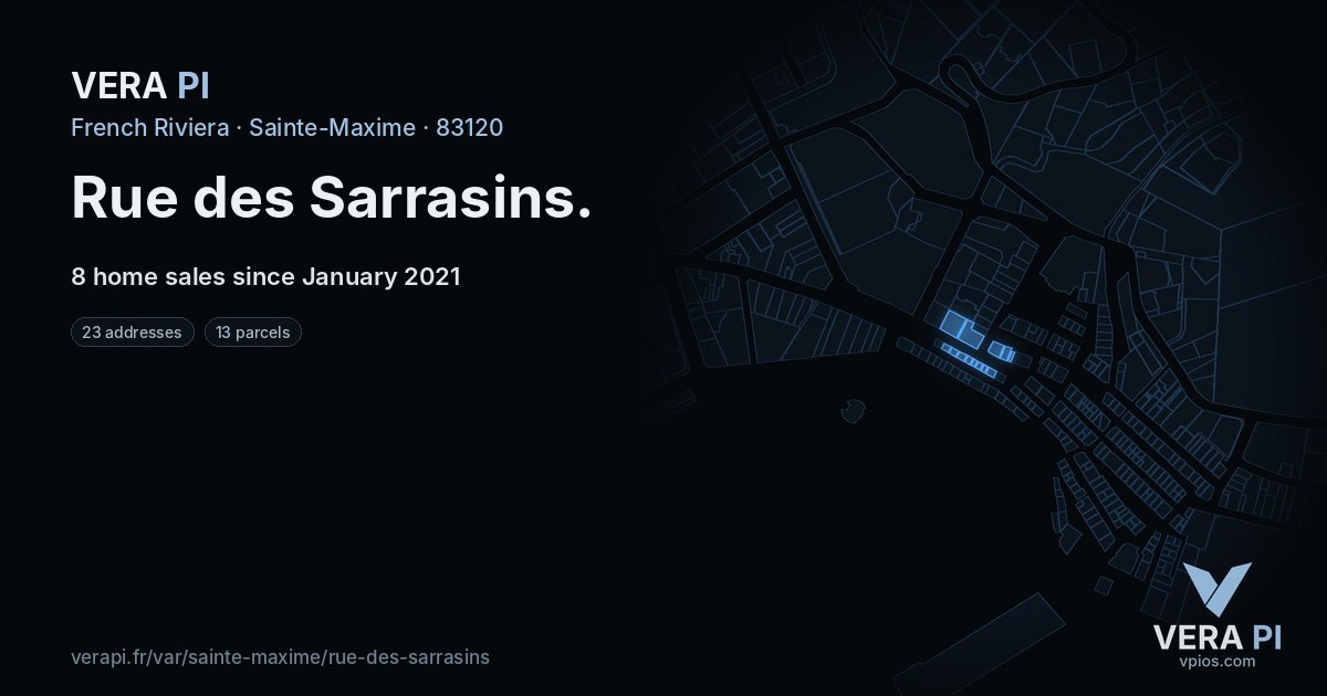 Rue des Sarrasins, Sainte-Maxime at night – every parcel coloured by the prices around it, the street's own parcels lit