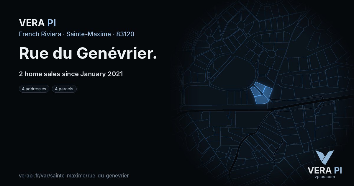 Rue du Genévrier, Sainte-Maxime at night – every parcel coloured by the prices around it, the street's own parcels lit