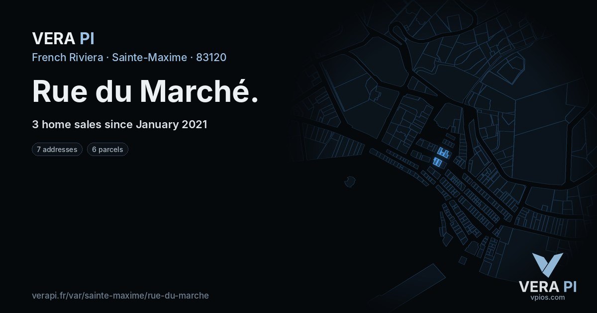 Rue du Marché, Sainte-Maxime at night – every parcel coloured by the prices around it, the street's own parcels lit
