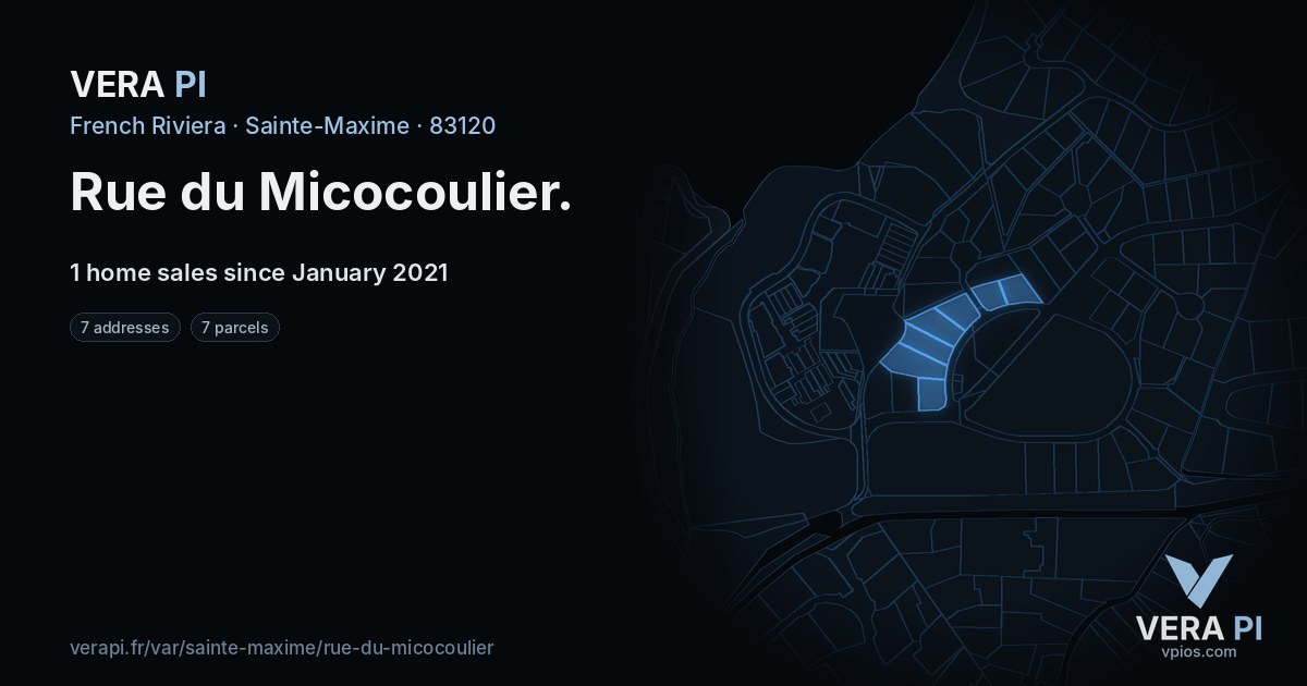 Rue du Micocoulier, Sainte-Maxime at night – every parcel coloured by the prices around it, the street's own parcels lit
