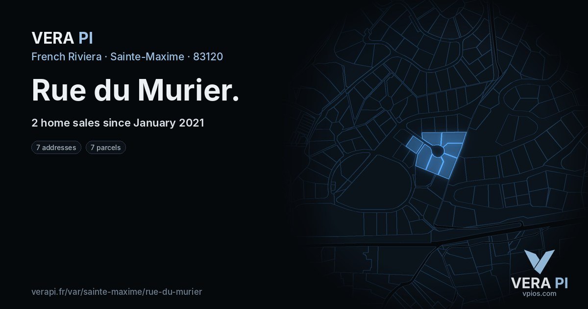 Rue du Murier, Sainte-Maxime at night – every parcel coloured by the prices around it, the street's own parcels lit