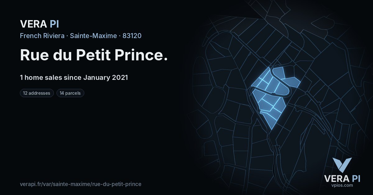 Rue du Petit Prince, Sainte-Maxime at night – every parcel coloured by the prices around it, the street's own parcels lit