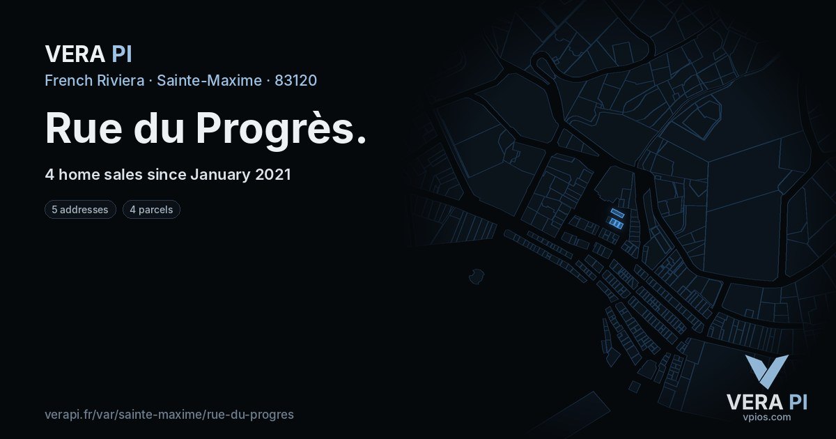 Rue du Progrès, Sainte-Maxime at night – every parcel coloured by the prices around it, the street's own parcels lit
