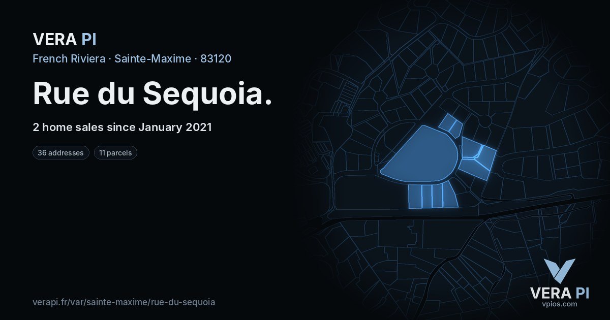Rue du Sequoia, Sainte-Maxime at night – every parcel coloured by the prices around it, the street's own parcels lit