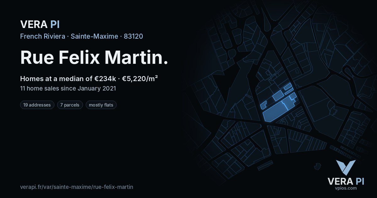 Rue Felix Martin, Sainte-Maxime at night – every parcel coloured by the prices around it, the street's own parcels lit