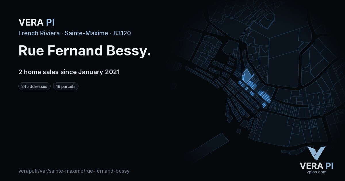 Rue Fernand Bessy, Sainte-Maxime at night – every parcel coloured by the prices around it, the street's own parcels lit