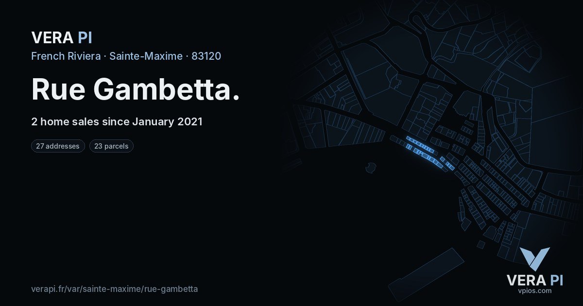 Rue Gambetta, Sainte-Maxime at night – every parcel coloured by the prices around it, the street's own parcels lit