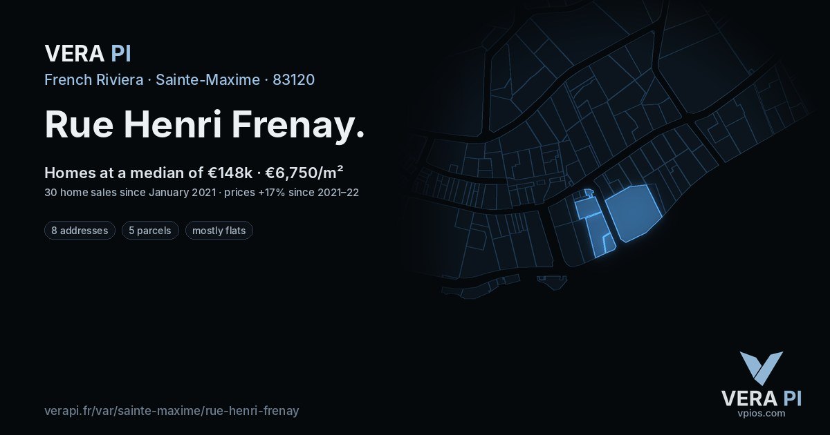 Rue Henri Frenay, Sainte-Maxime at night – every parcel coloured by the prices around it, the street's own parcels lit