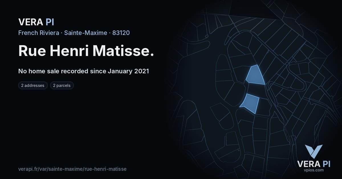 Rue Henri Matisse, Sainte-Maxime at night – every parcel coloured by the prices around it, the street's own parcels lit