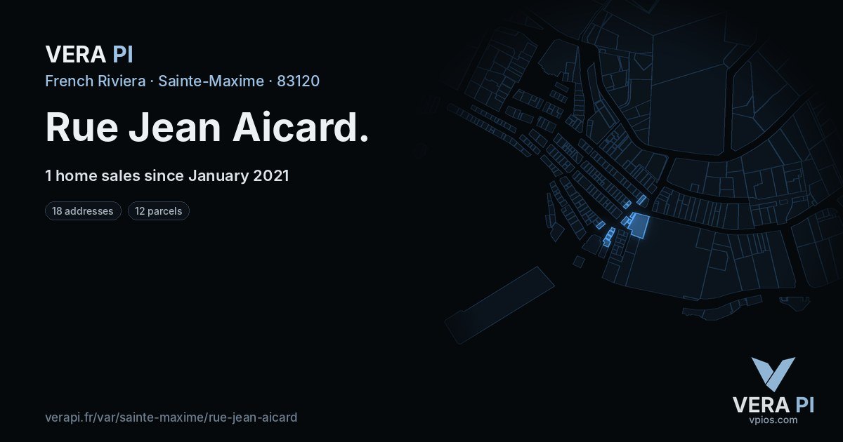 Rue Jean Aicard, Sainte-Maxime at night – every parcel coloured by the prices around it, the street's own parcels lit