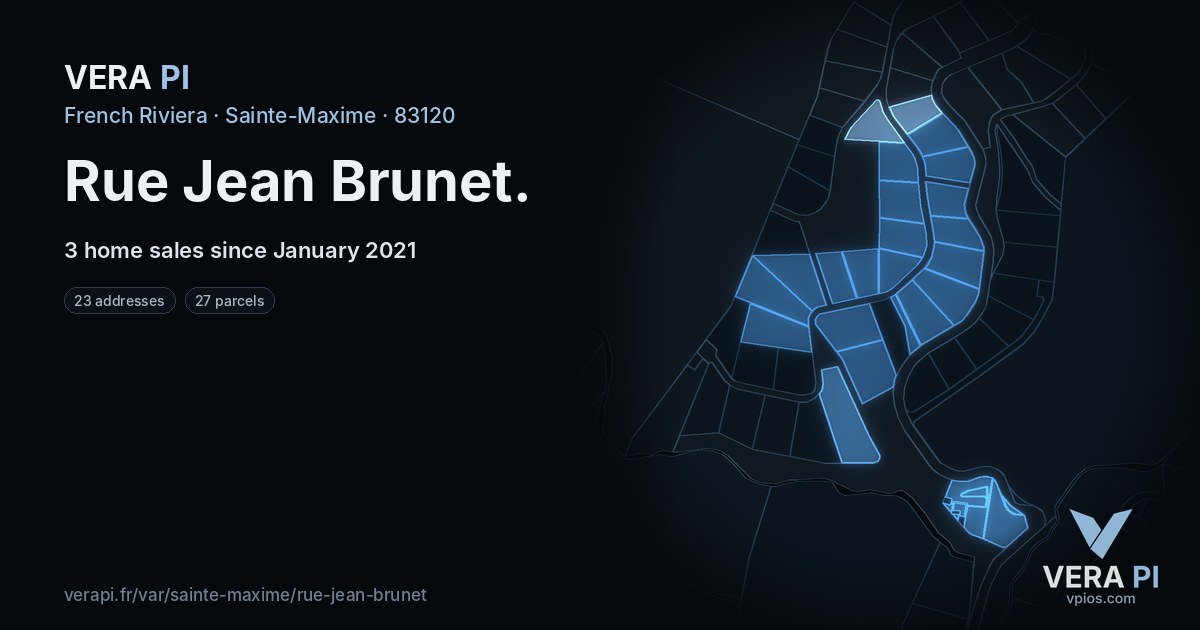 Rue Jean Brunet, Sainte-Maxime at night – every parcel coloured by the prices around it, the street's own parcels lit