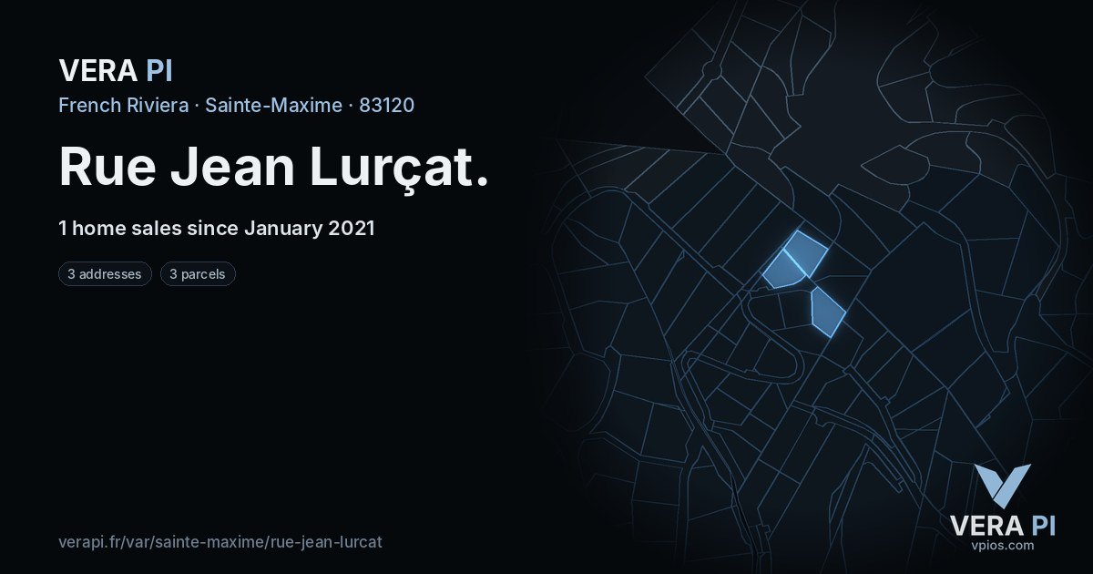 Rue Jean Lurçat, Sainte-Maxime at night – every parcel coloured by the prices around it, the street's own parcels lit