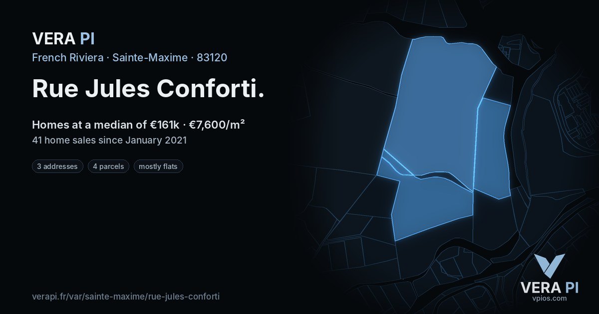 Rue Jules Conforti, Sainte-Maxime at night – every parcel coloured by the prices around it, the street's own parcels lit