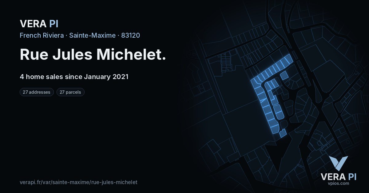 Rue Jules Michelet, Sainte-Maxime at night – every parcel coloured by the prices around it, the street's own parcels lit