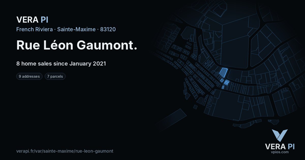 Rue Léon Gaumont, Sainte-Maxime at night – every parcel coloured by the prices around it, the street's own parcels lit