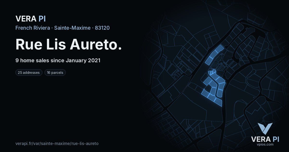 Rue Lis Aureto, Sainte-Maxime at night – every parcel coloured by the prices around it, the street's own parcels lit