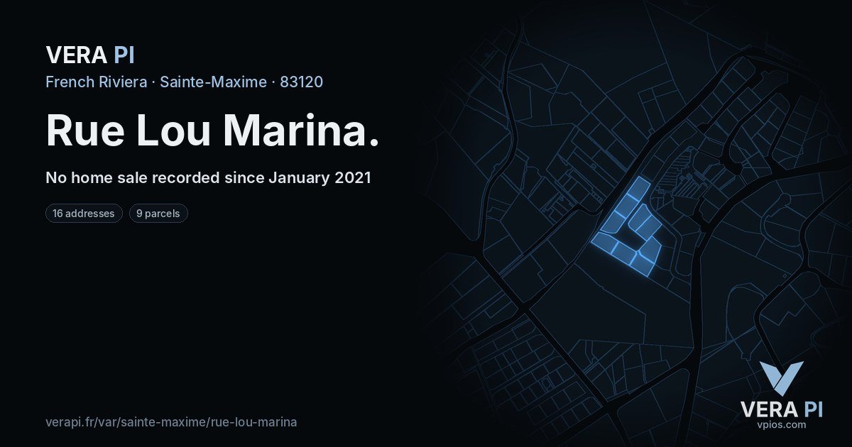 Rue Lou Marina, Sainte-Maxime at night – every parcel coloured by the prices around it, the street's own parcels lit