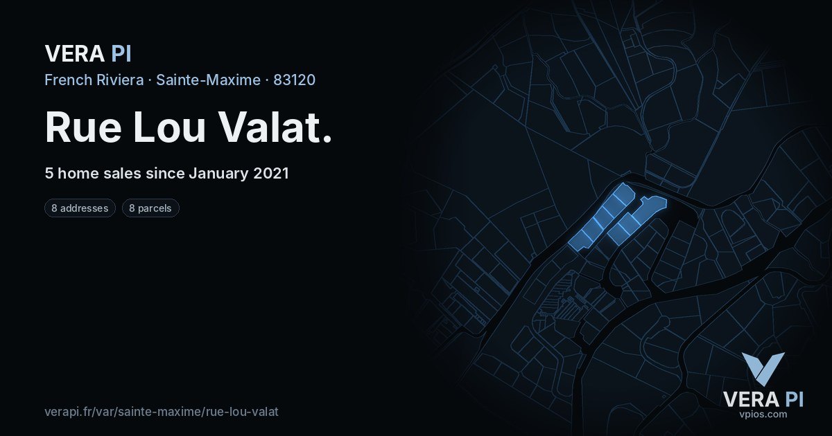 Rue Lou Valat, Sainte-Maxime at night – every parcel coloured by the prices around it, the street's own parcels lit
